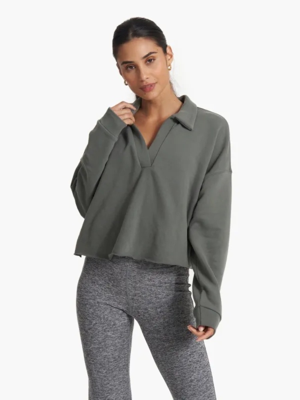Vuori Cropped V-Neck Collared Sweatshirt Olive Green Size Small Casual Lounge